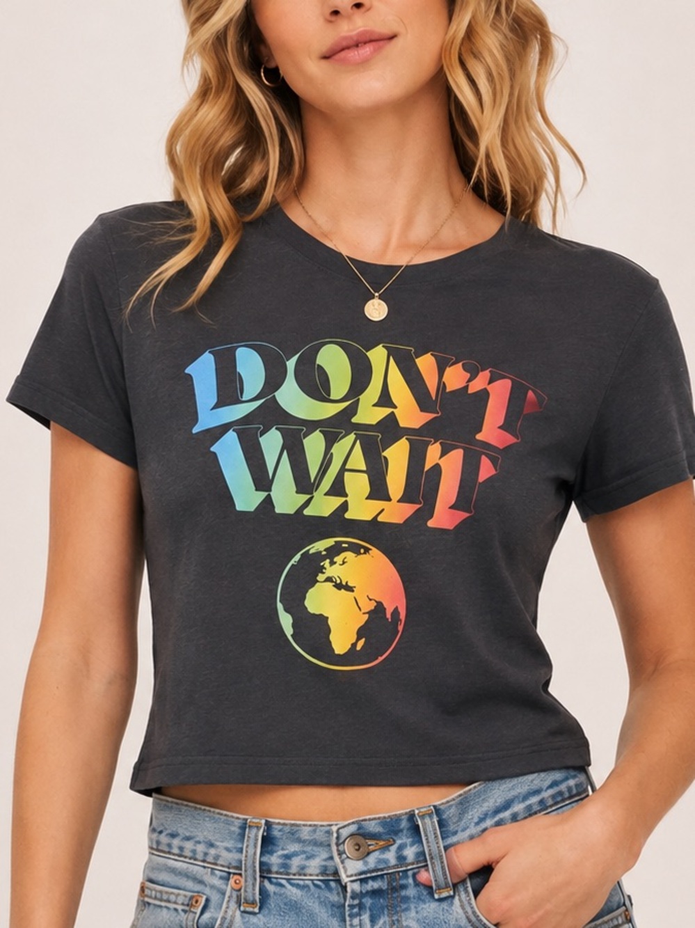 🌎 Lucky Brand Don’t Wait Graphic Baby Tee Charcoal Gray Size Small NWT